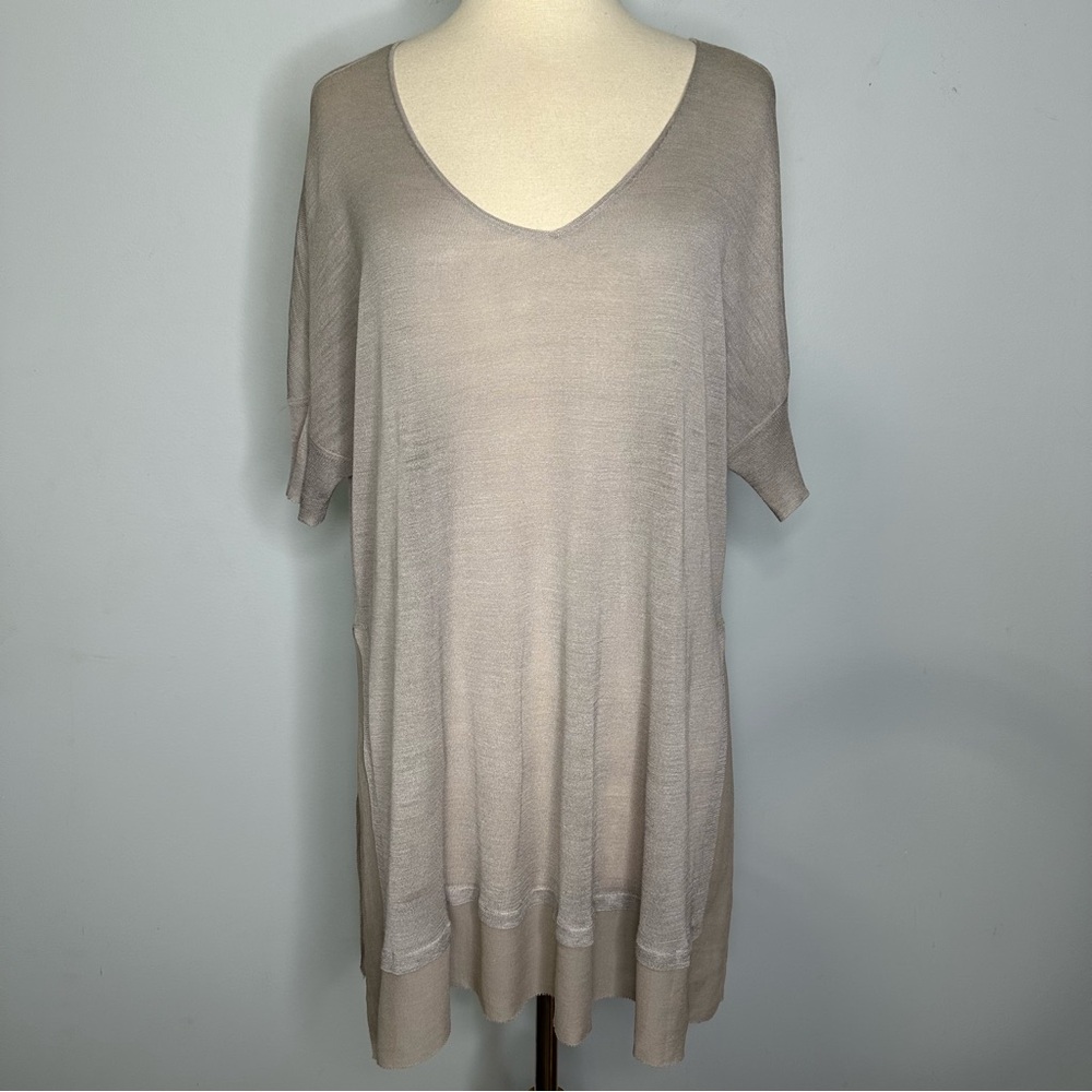 SOLD!!Eileen Fisher Gray Ultra Fine 100% Silk Tussah Knit Chiffon Trim Pullover